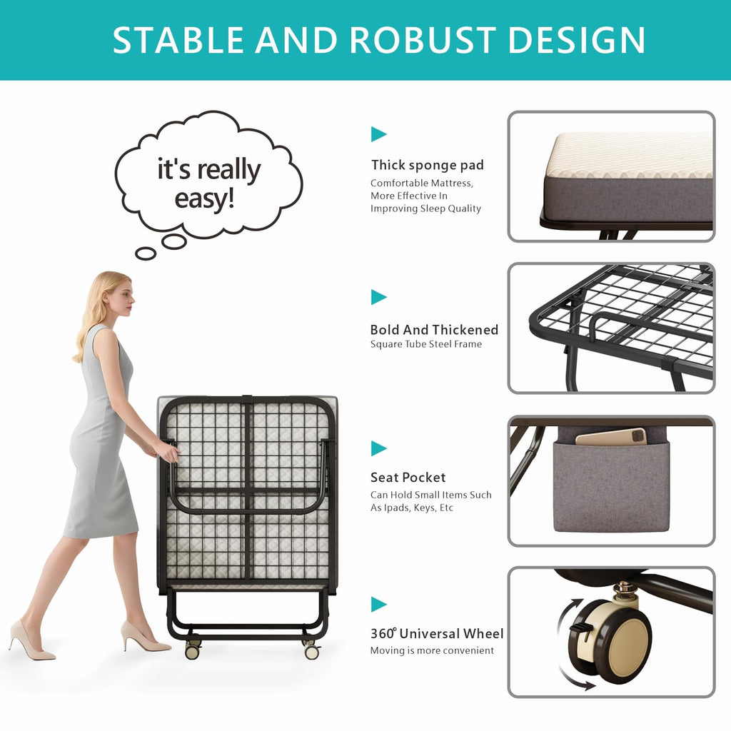 Folding Bed with Mattress, 75" x 31" Portable Rollaway Bed, Metal Frame Guest Bed with Memory Foam Mattress C48625