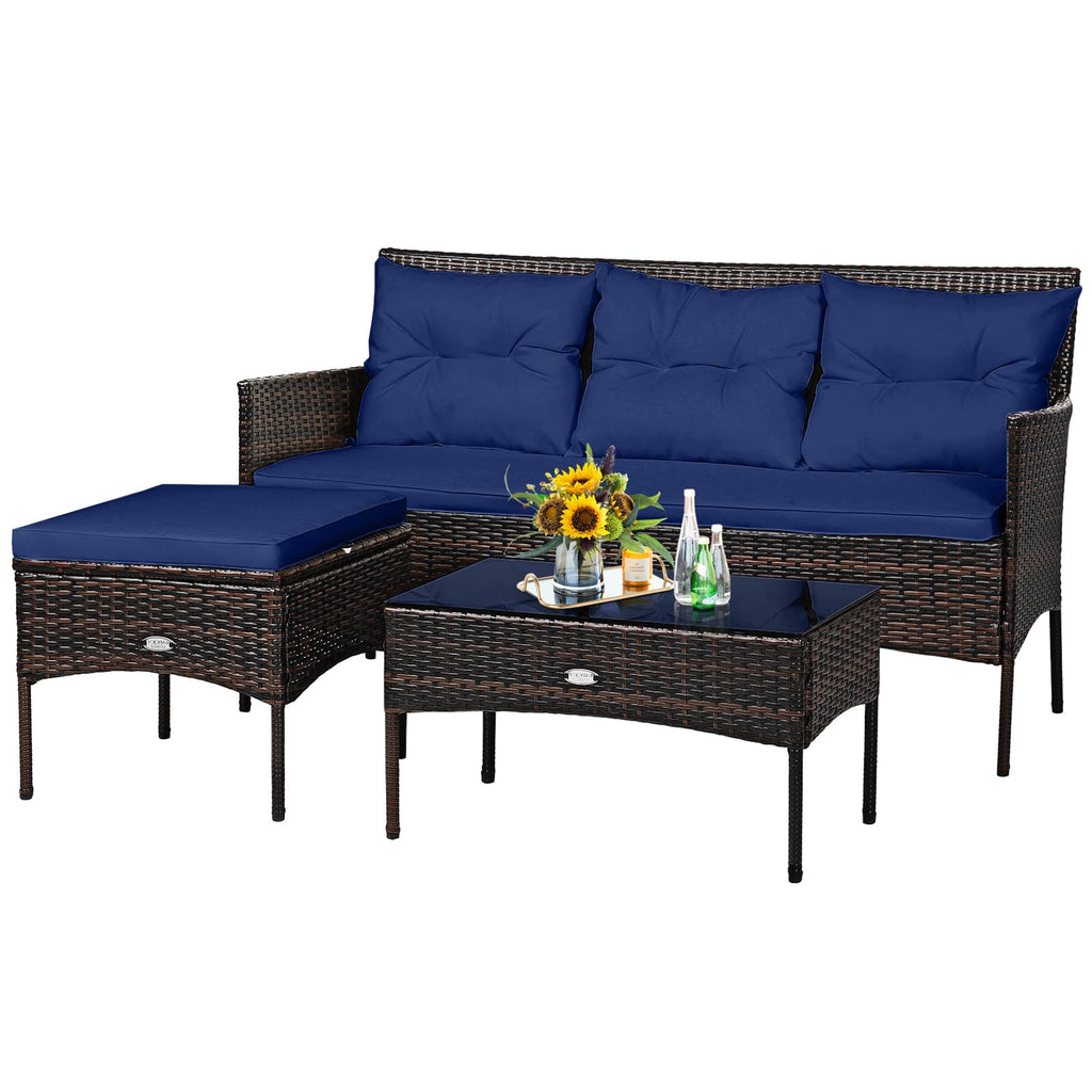 3 Pieces PE Rattan Wicker Patio Conversation Set with Cushions D324