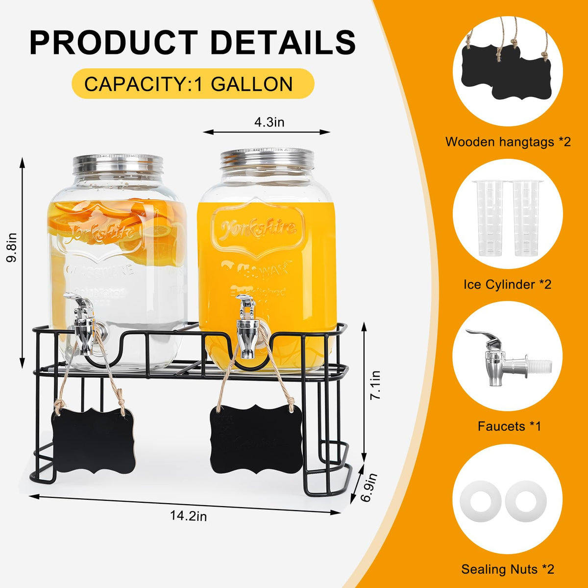 2 Pack 1 Gallon Glass Drink Dispensers G855
