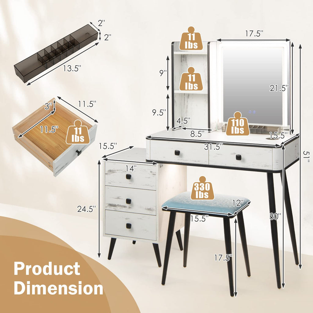 Makeup Vanity Table with Lighted Mirror and Stool X359345