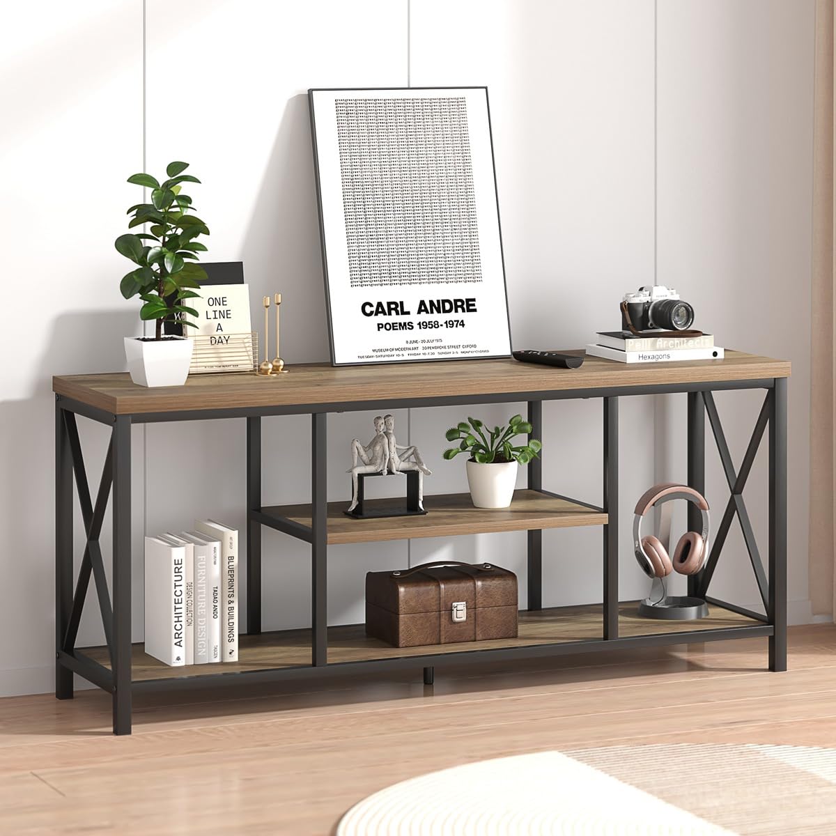 Oak 55 inch Wood and Metal TV Stand with Storage Shelves G20222