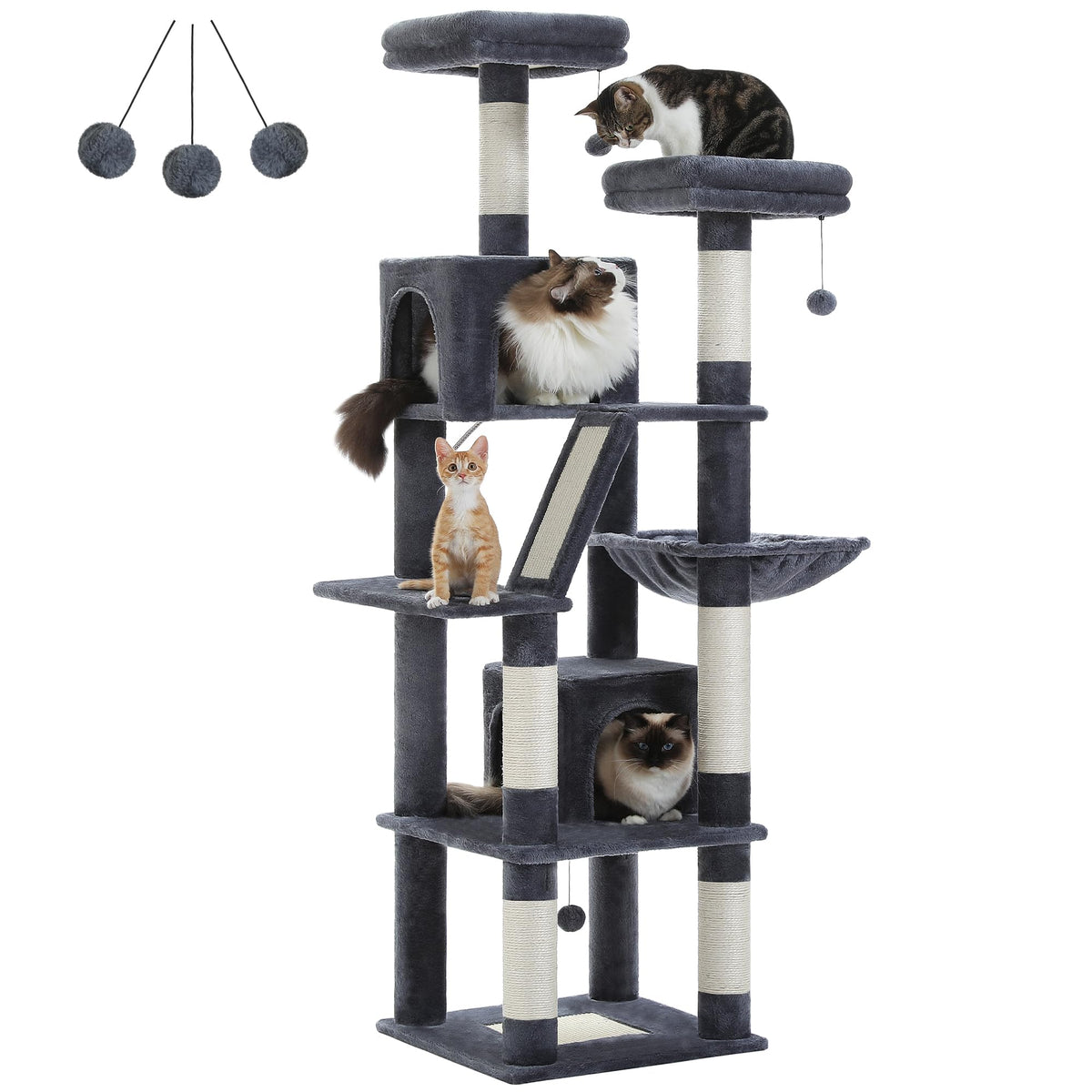70 Inches Tall Dark Gray Cat Tree with 2 Condos Y9737