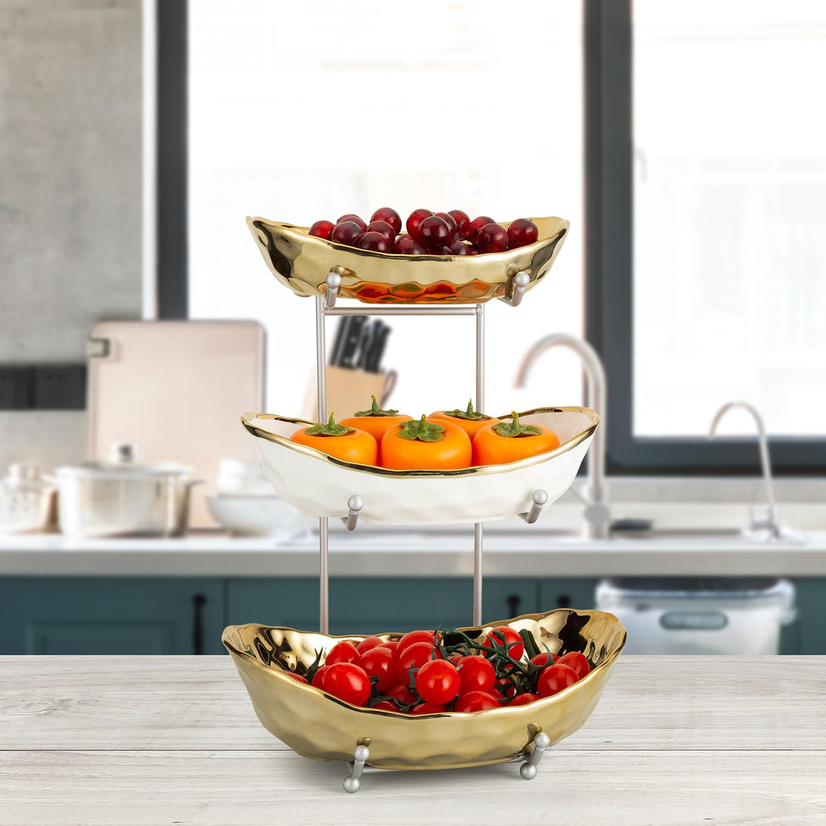 3 Tier Ceramic Serving Bowls with Metal Stand M445