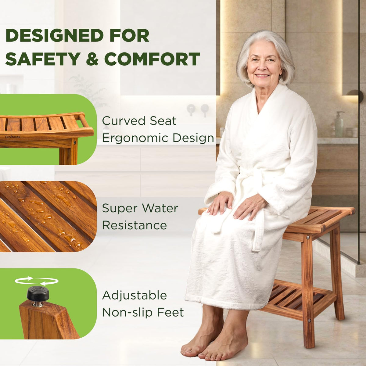 22" Teak Wood Shower Bench with Shelf & Handles Q5296