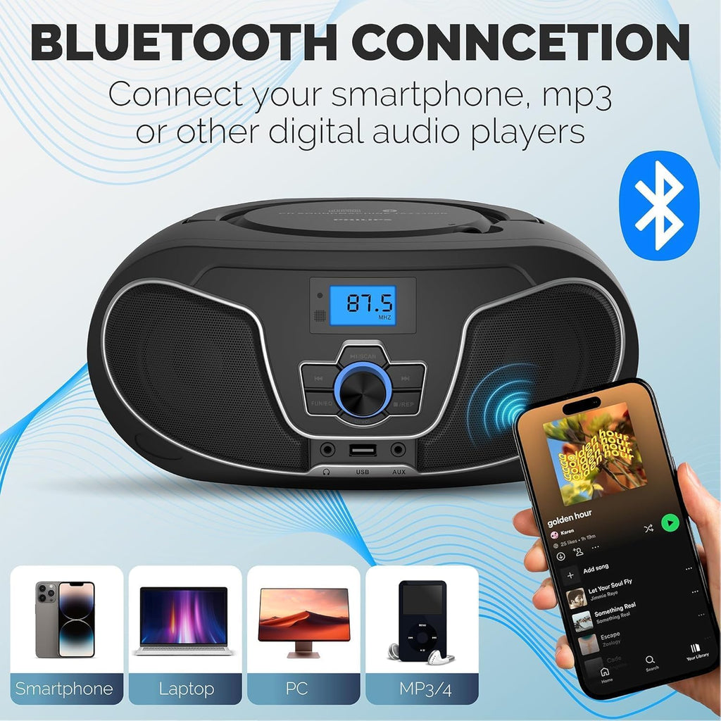 Portable CD Player Boombox with Bluetooth, FM Radio, USB Playback & AUX Input E17446