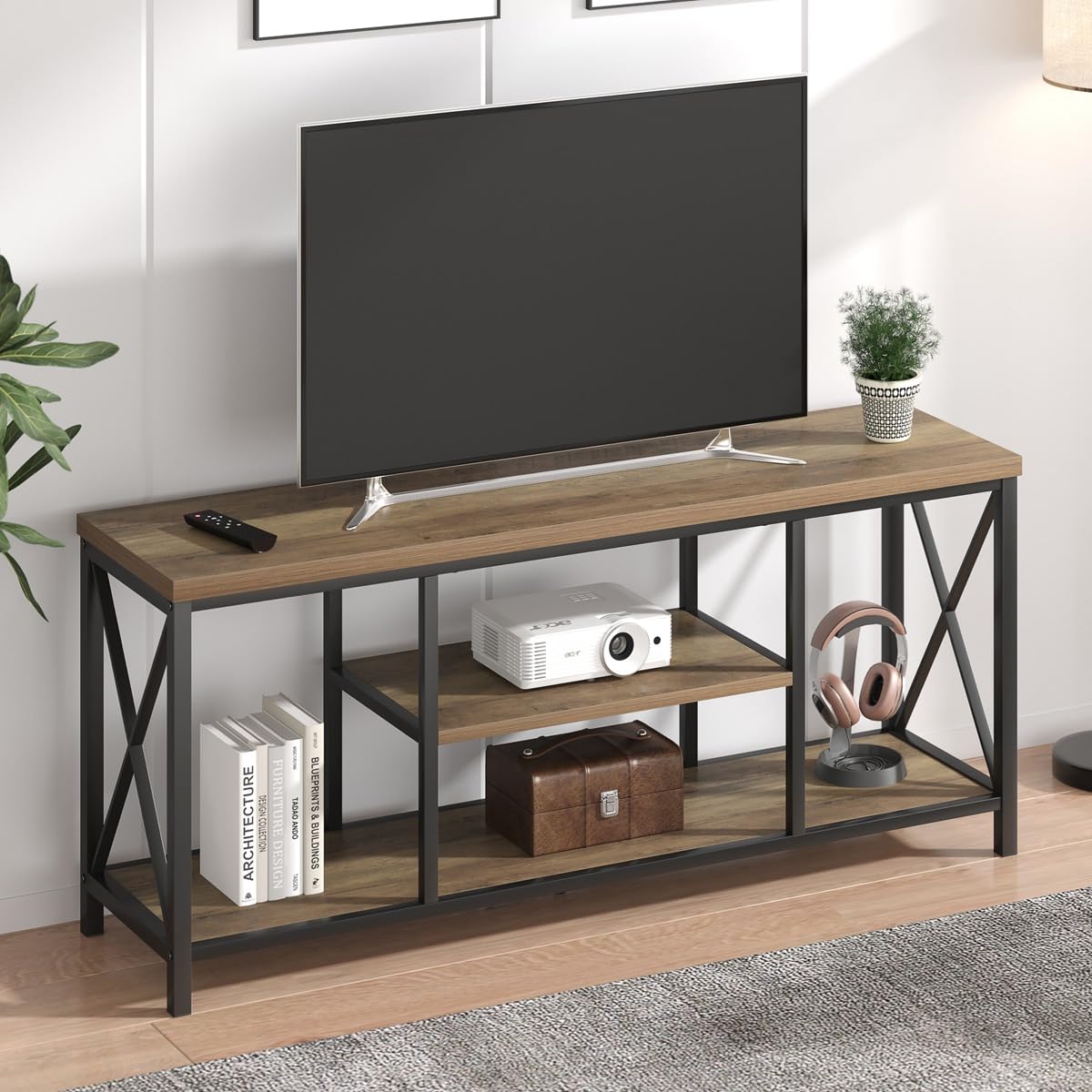 Oak 55 inch Wood and Metal TV Stand with Storage Shelves G20222