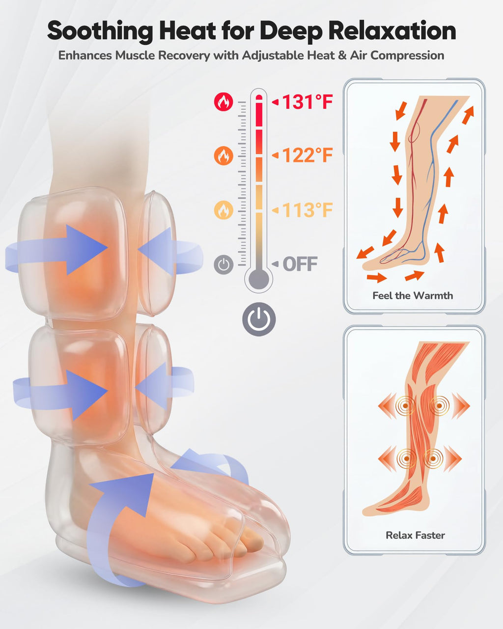 Air Compression Leg Massager with Heat, Foot and Calf Massager, 9 Intensity, 4 Modes, 3 Heating W7044
