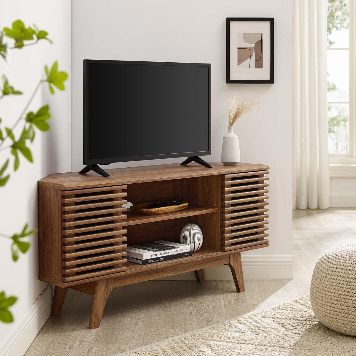 46 in Walnut Corner TV Stand with Sliding Doors W850