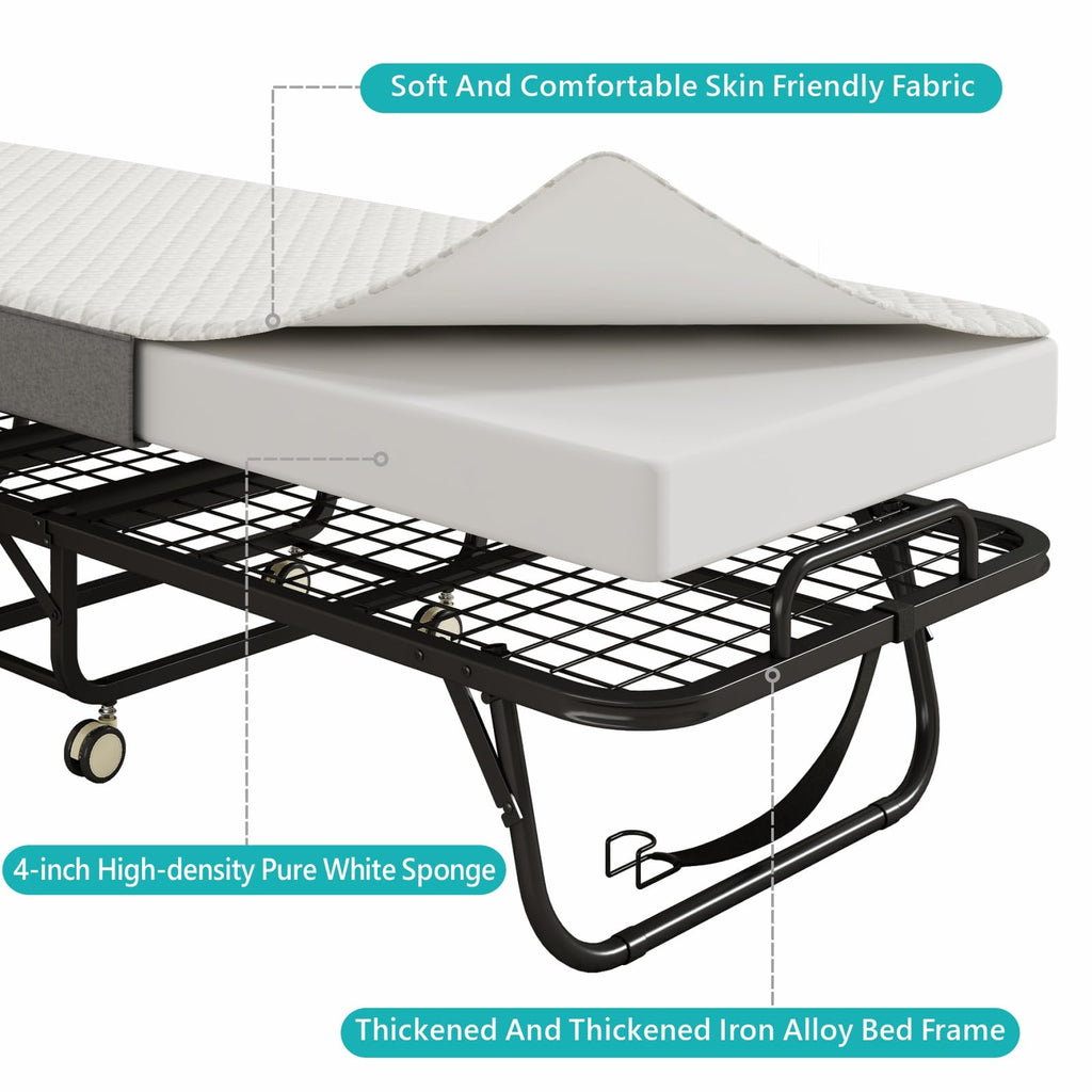 Folding Bed with Mattress, 75" x 31" Portable Rollaway Bed, Metal Frame Guest Bed with Memory Foam Mattress C48625