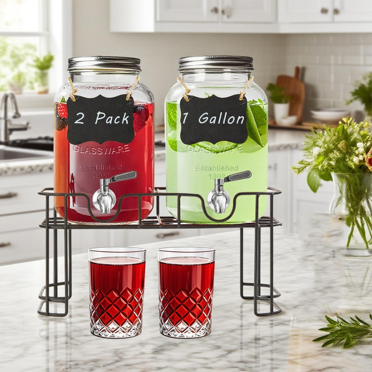 1 Gallon Glass Drink Dispenser with Stand and Spigot, 2 Pack S1541