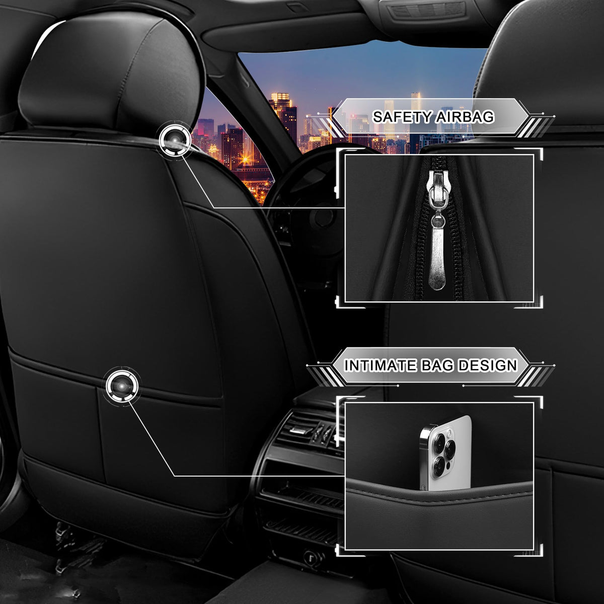 Black Red Nappa Leather Car Seat Covers Set I252