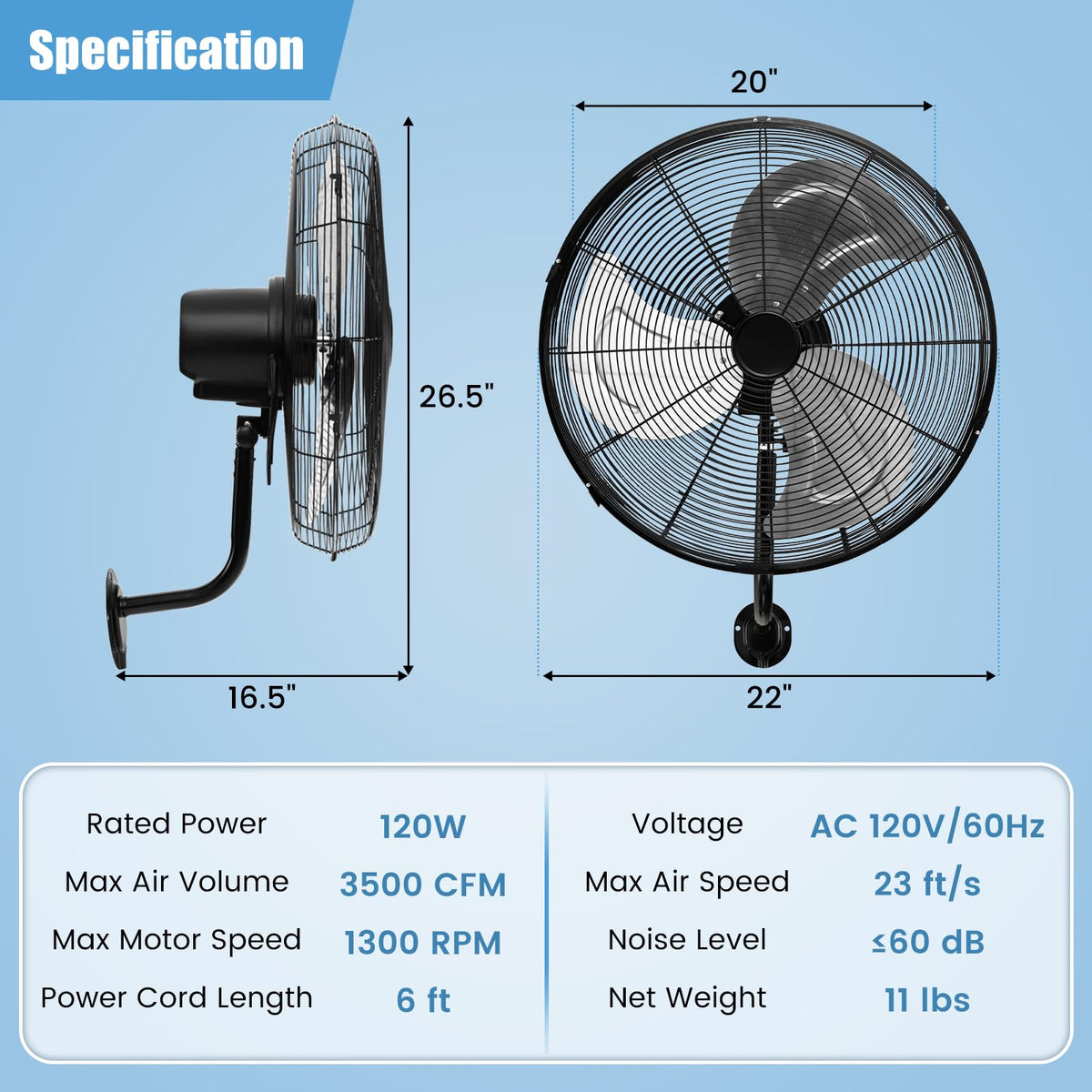 20 Inch 3-Speed Oscillating Metal Wall Fan Q7624