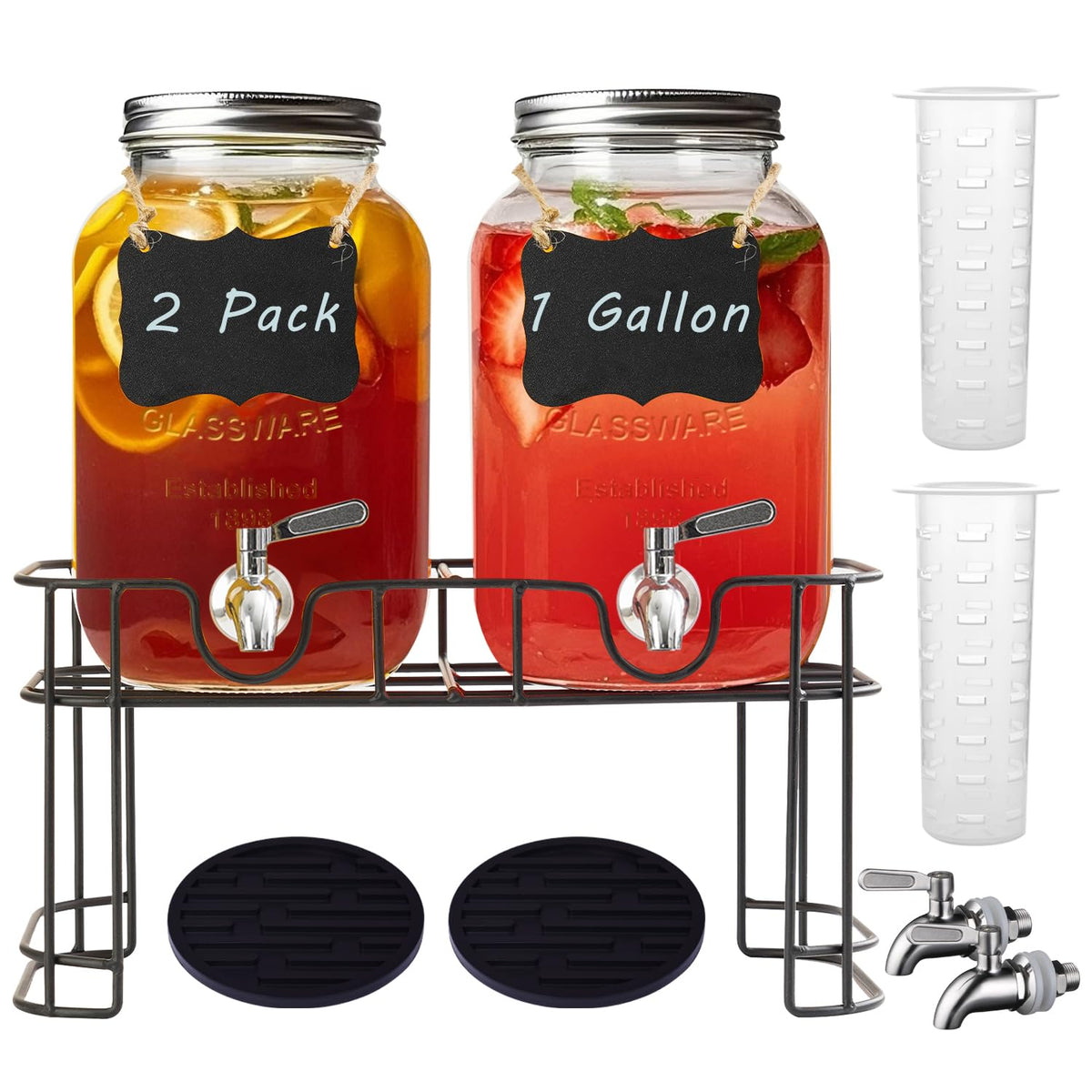1 Gallon Glass Drink Dispenser with Stand and Spigot, 2 Pack S1541