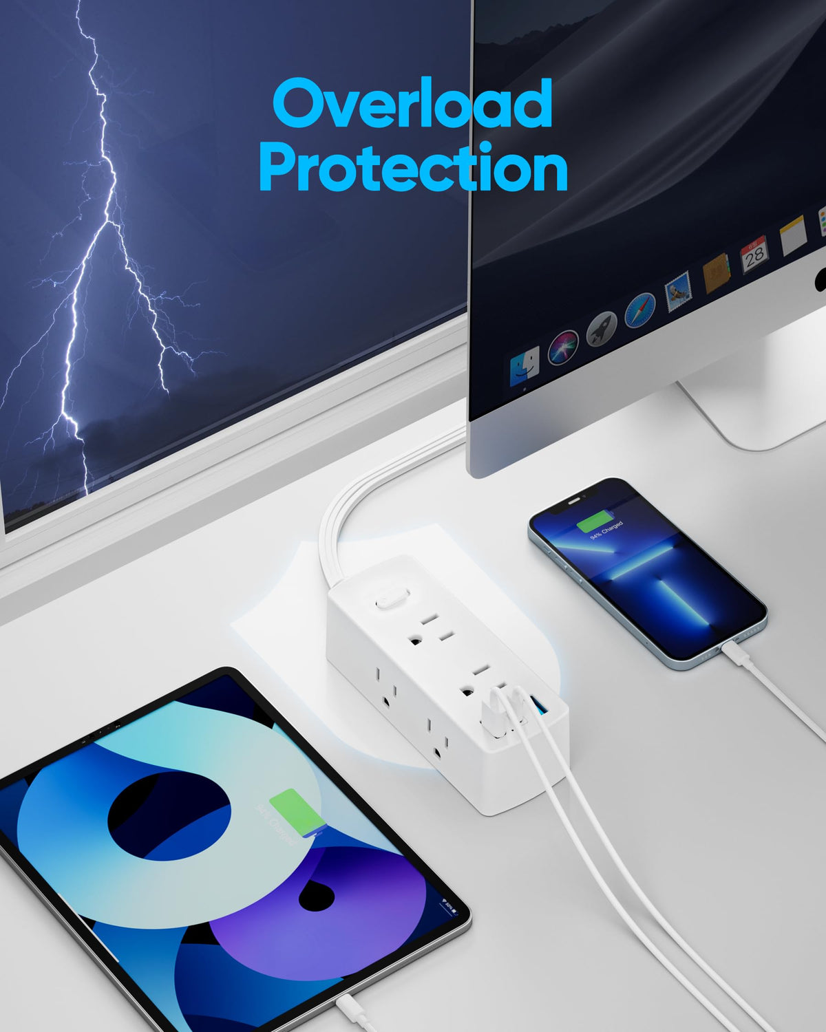 Flat Plug Power Strip with 5 FT Extension Cord, 6 Outlets 3 USB Ports, White W6983