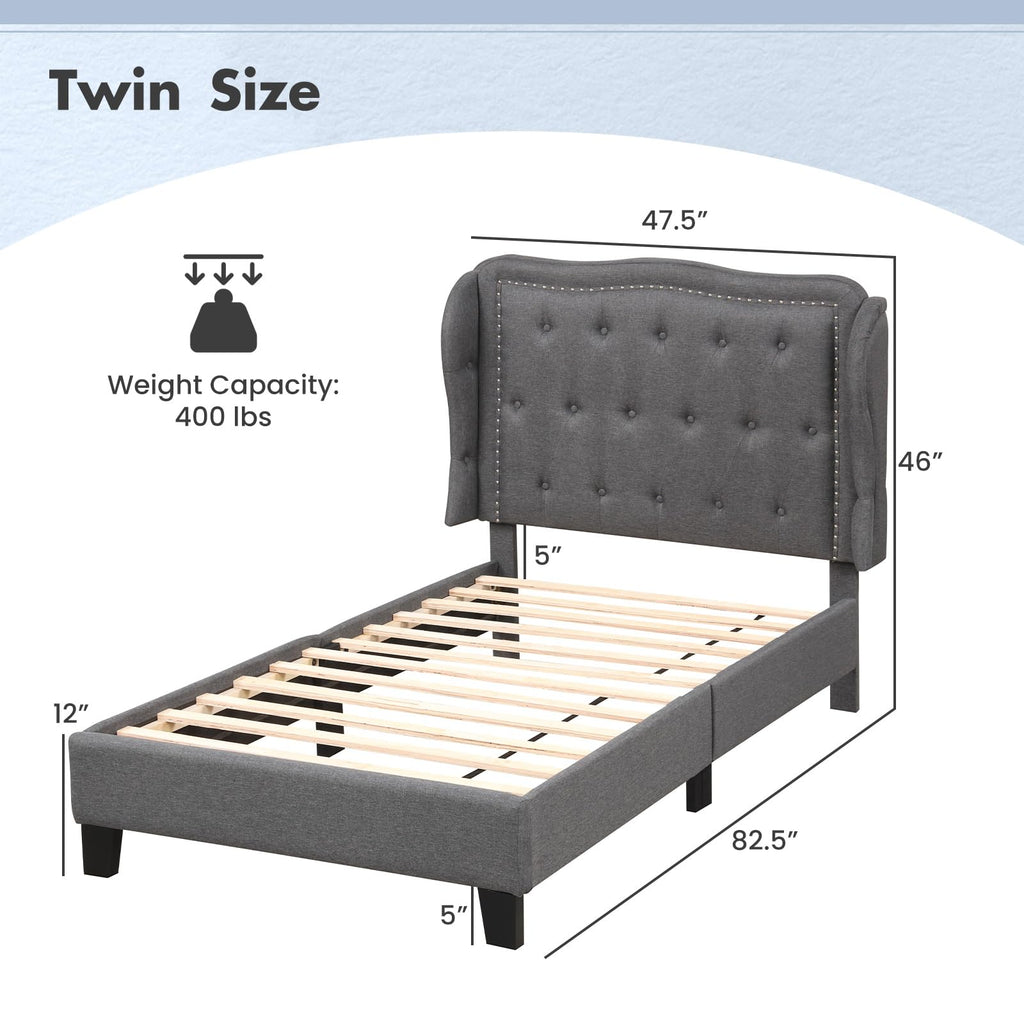 Grey Linen Upholstered Twin Bed Frame with Headboard L556513