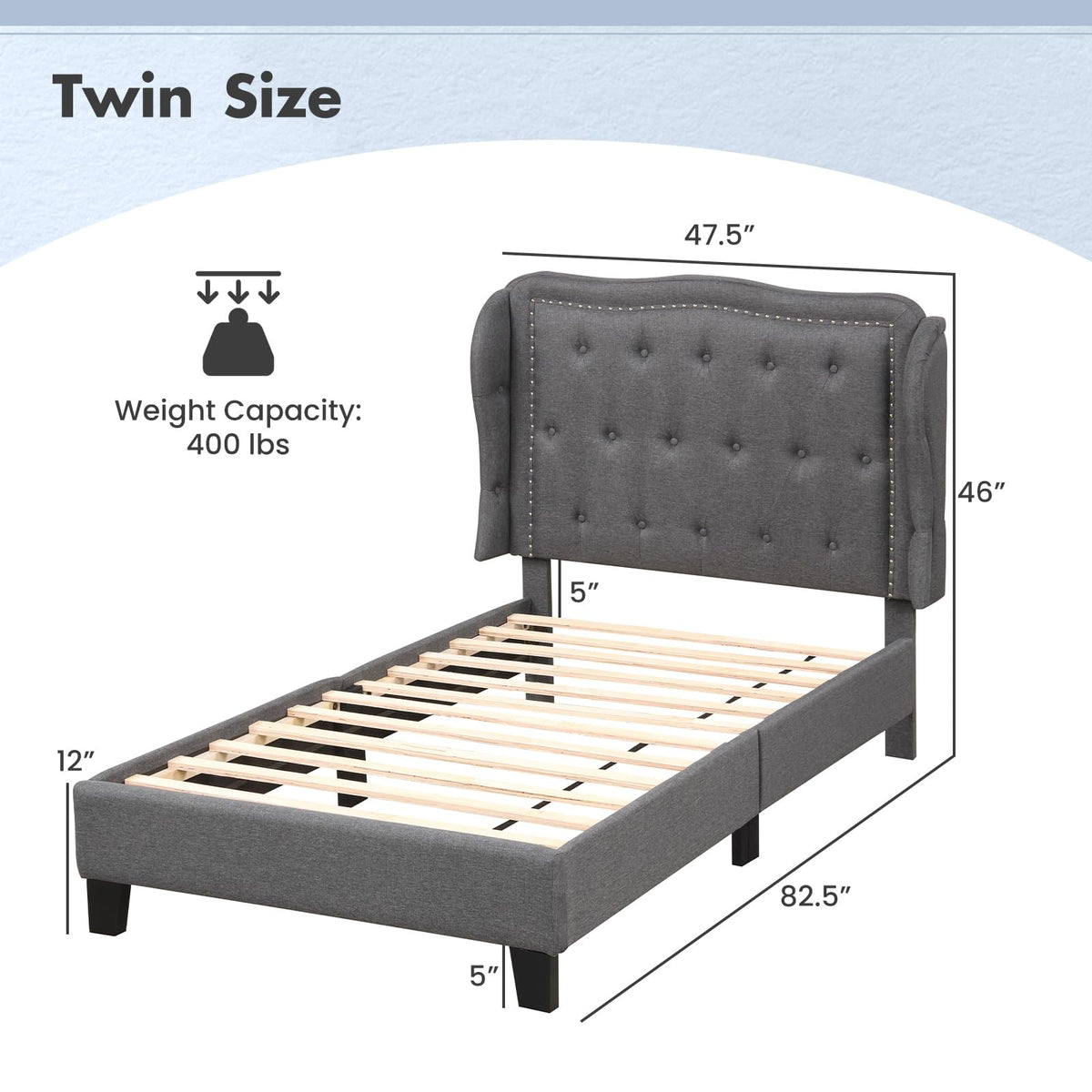 Grey Linen Upholstered Twin Bed Frame with Headboard L556513