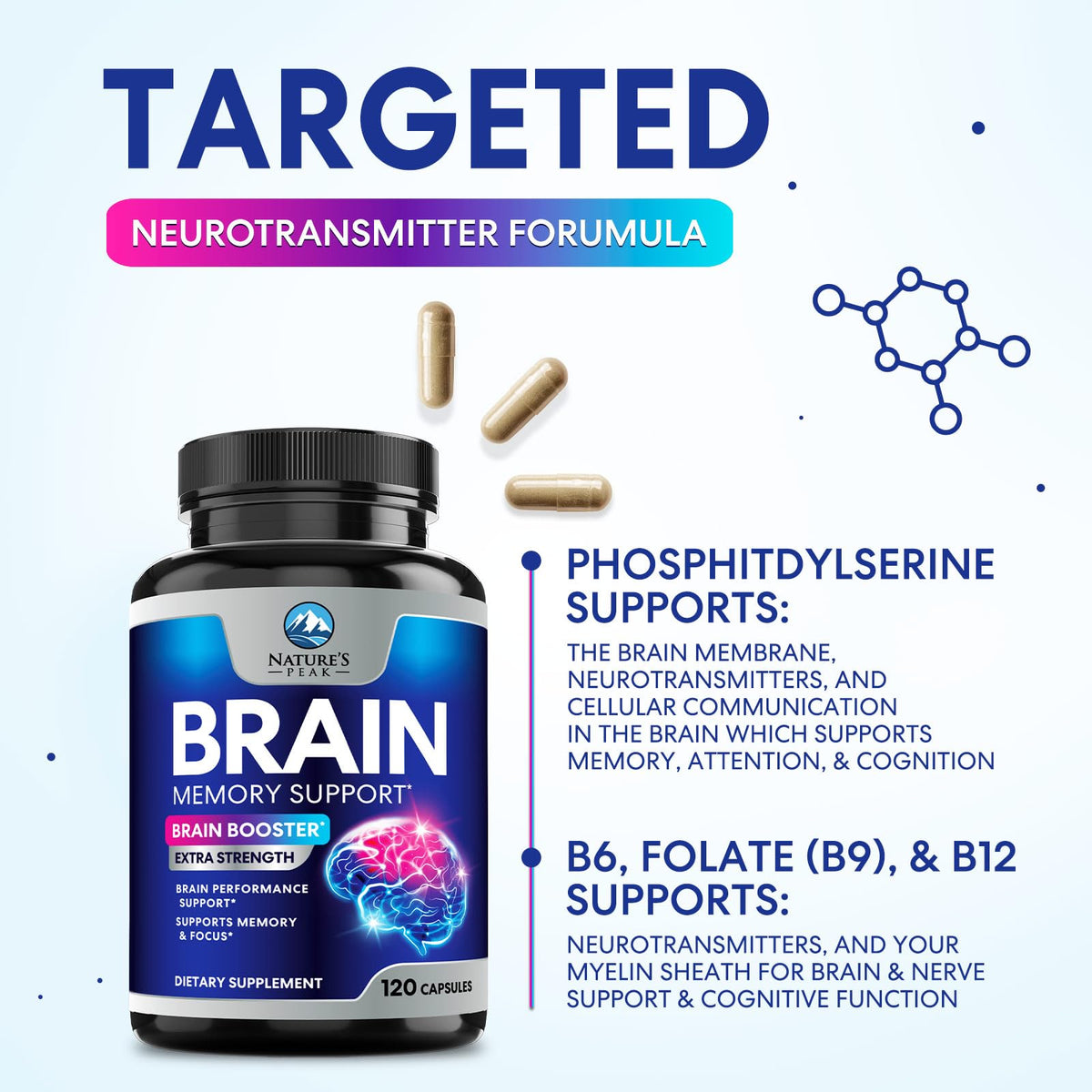 120 Capsules Brain Memory Supplement with Vitamin B6 B12 Folate & Phosphatidylserine K59676