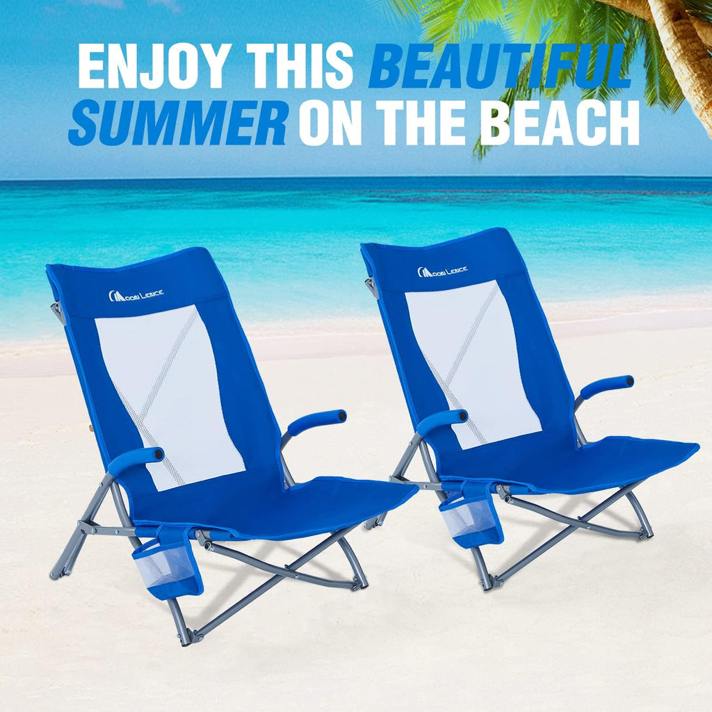 2 Pack Low Beach Lounge Chair with Cup Holder & Carry Bag O661679