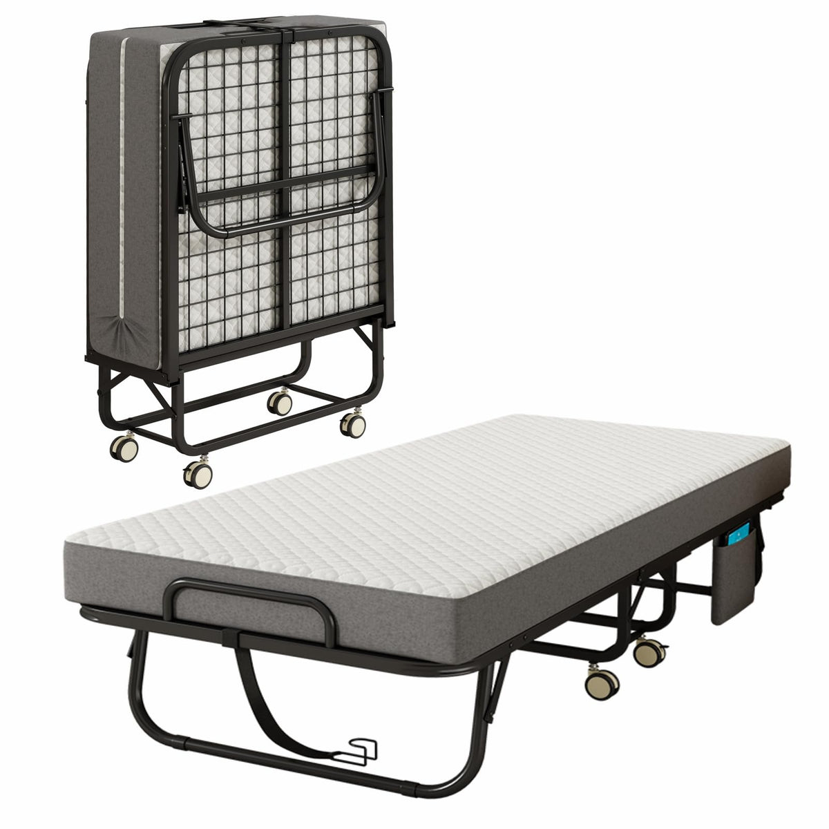 Folding Bed with Mattress, 75" x 31" Portable Rollaway Bed, Metal Frame Guest Bed with Memory Foam Mattress C48625