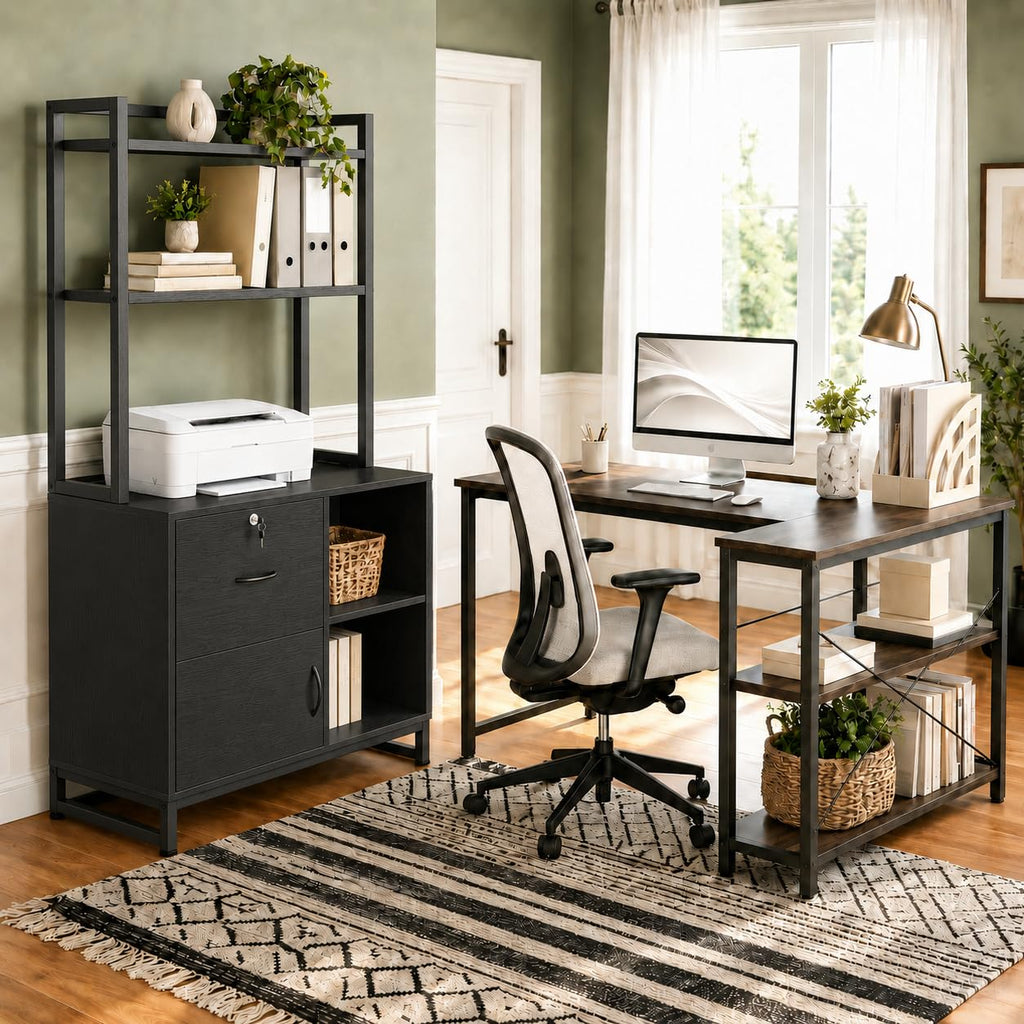 Black Vertical Filing Cabinet with Bookshelf P30476