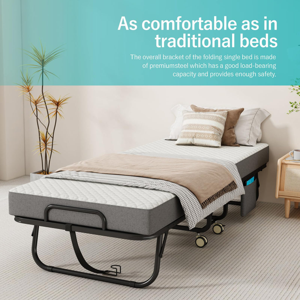 Folding Bed with Mattress, 75" x 31" Portable Rollaway Bed, Metal Frame Guest Bed with Memory Foam Mattress C48625