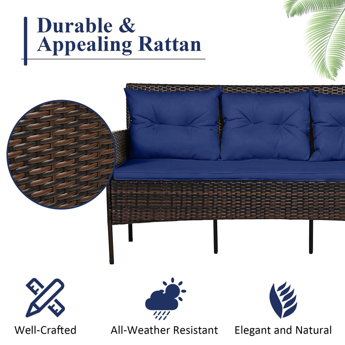3 Pieces PE Rattan Wicker Patio Conversation Set with Cushions D324
