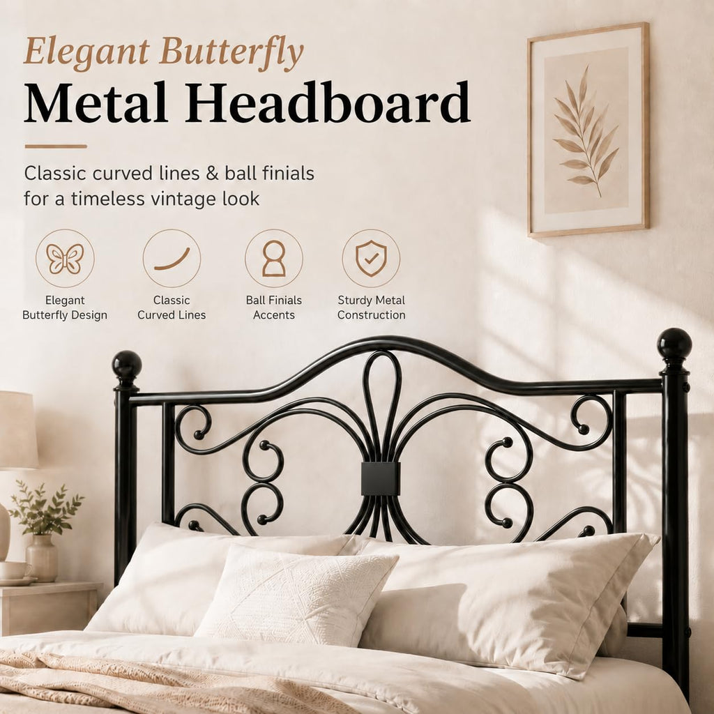 Full Size Bed Frame with Butterfly Pattern Headboard, Black B5114