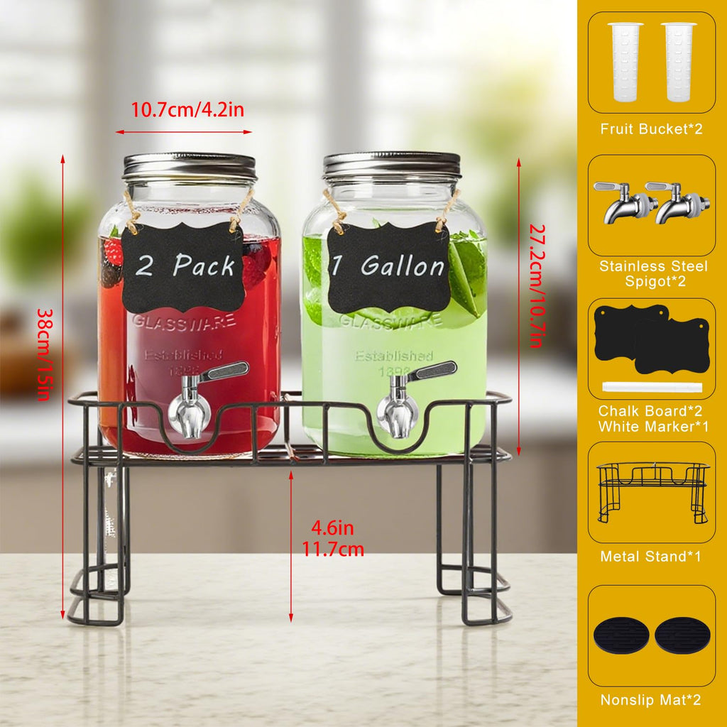 1 Gallon Glass Drink Dispenser with Stand and Spigot, 2 Pack S1541