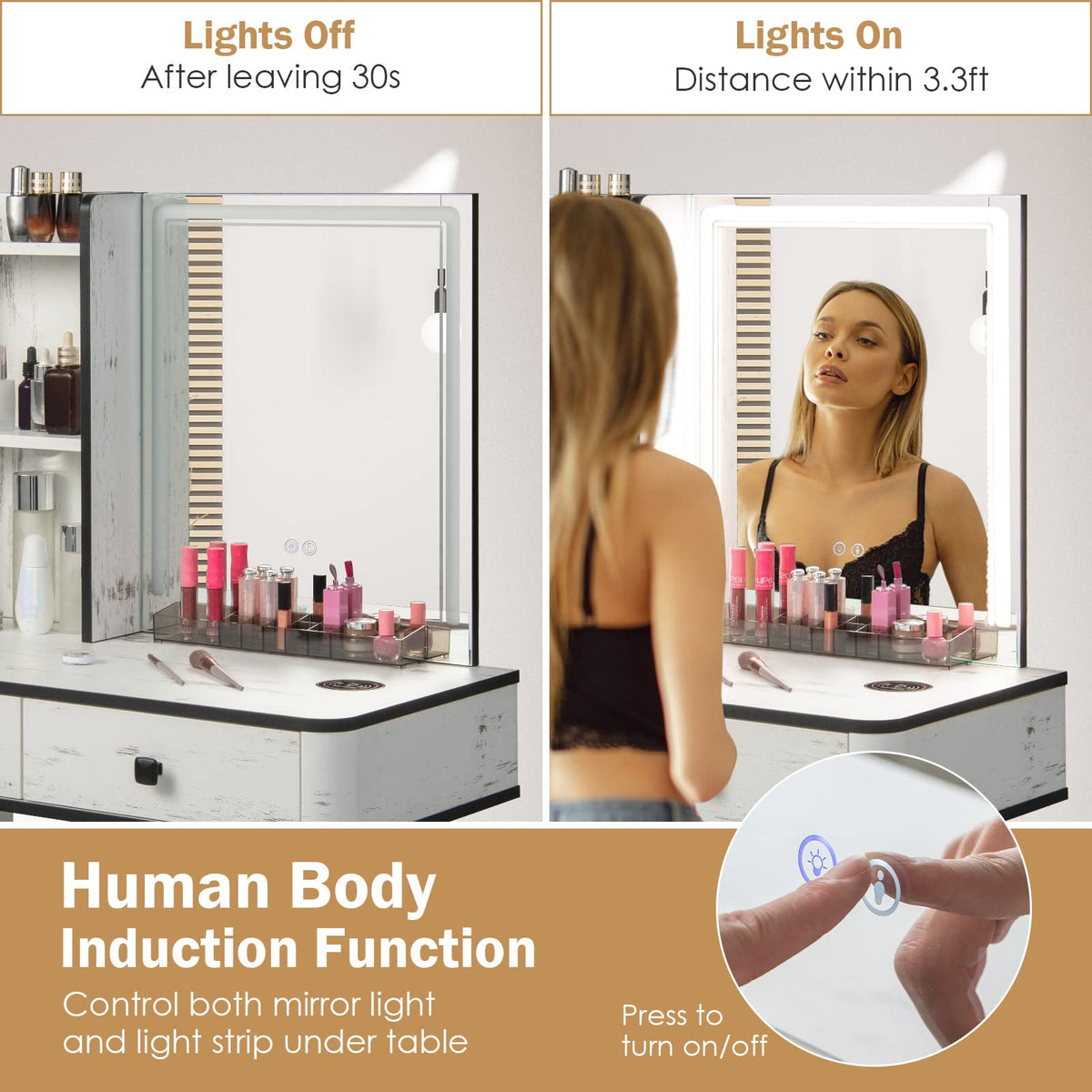 Makeup Vanity Table with Lighted Mirror and Stool X359345