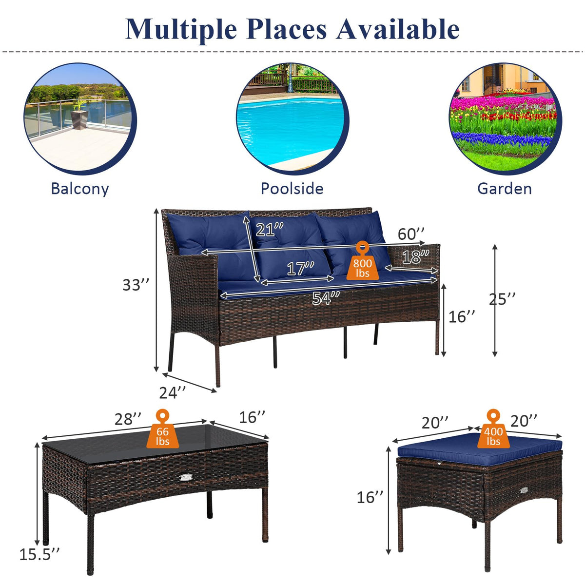 3 Pieces PE Rattan Wicker Patio Conversation Set with Cushions D324