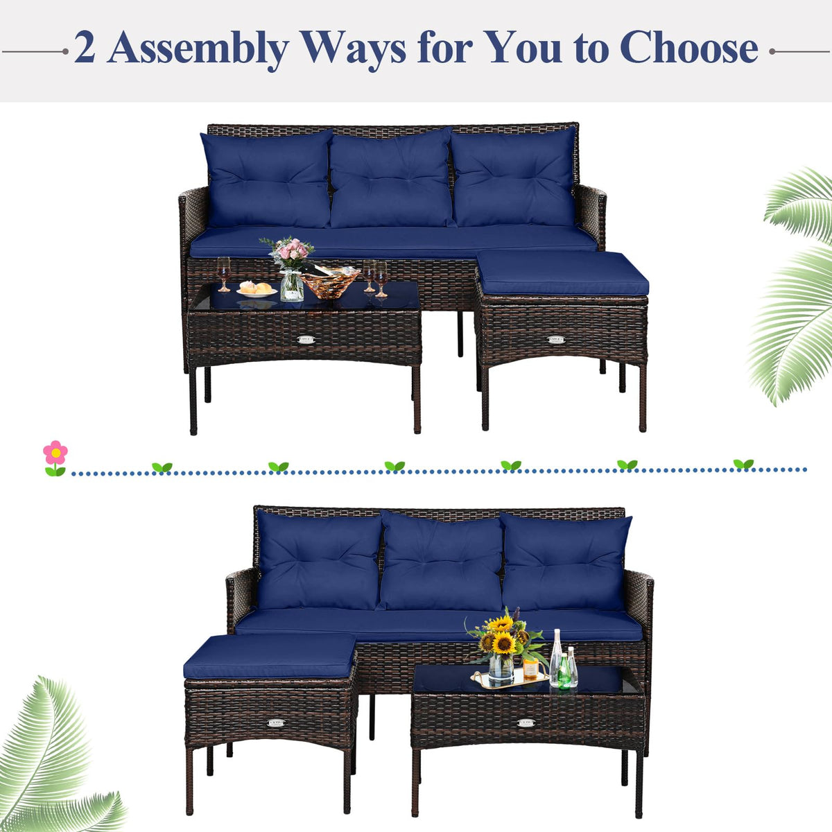 3 Pieces PE Rattan Wicker Patio Conversation Set with Cushions D324