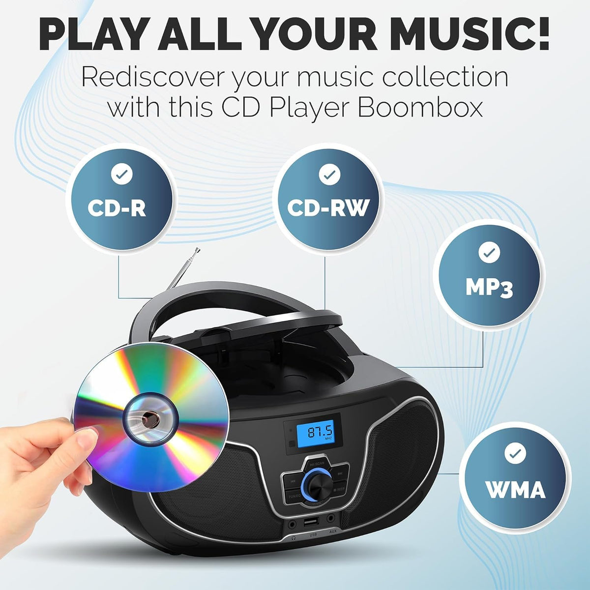 Portable CD Player Boombox with Bluetooth, FM Radio, USB Playback & AUX Input E17446