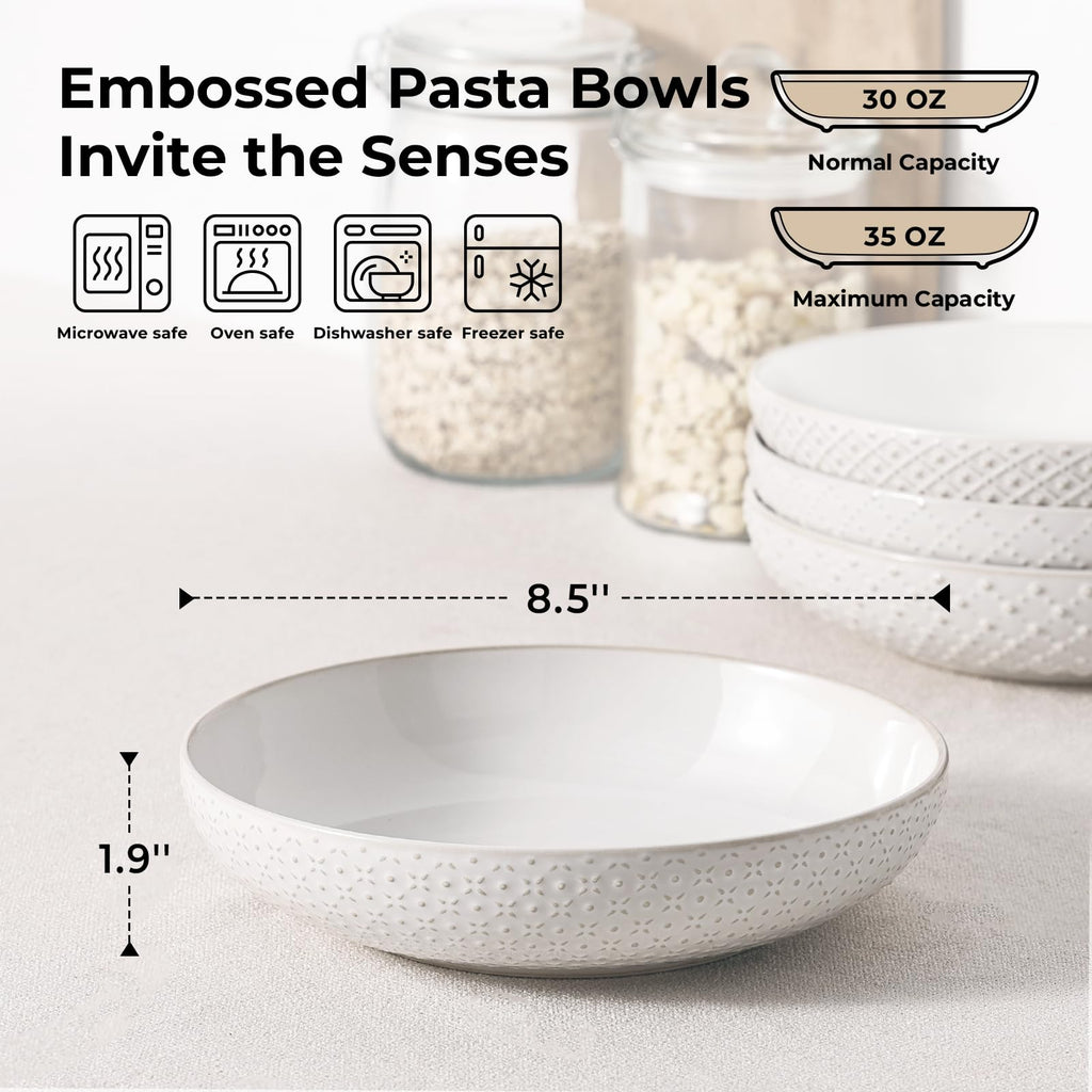 8.5" Ceramic Pasta Bowls Set of 4, 30 oz Soft White J944654