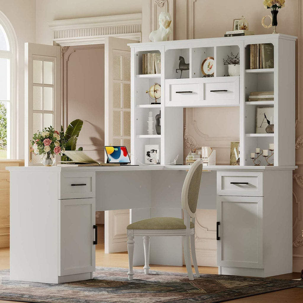 White L-Shaped Computer Desk with Hutch and Storage W576