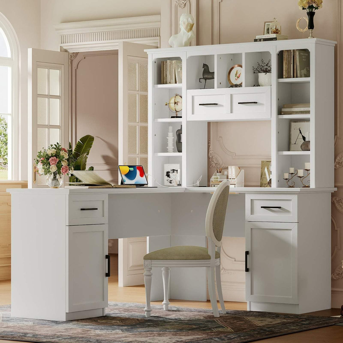 White L-Shaped Computer Desk with Hutch and Storage W576