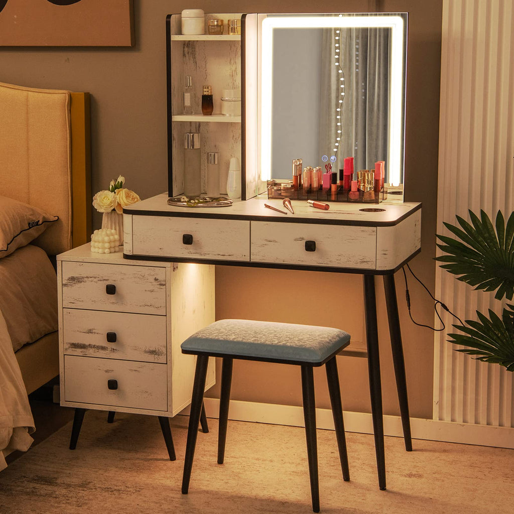Makeup Vanity Table with Lighted Mirror and Stool X359345