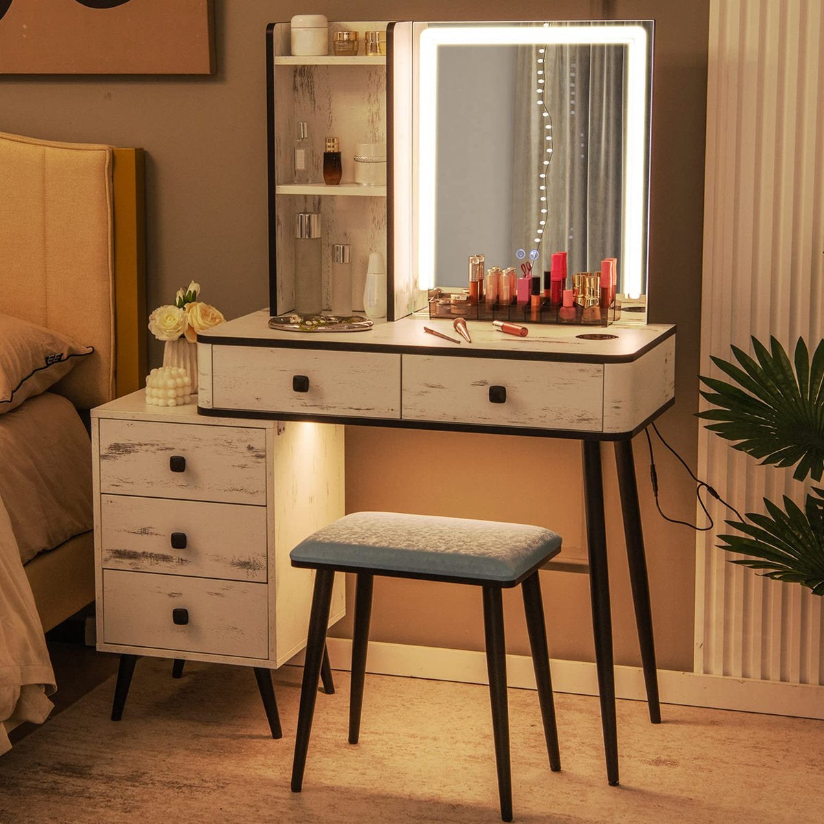 Makeup Vanity Table with Lighted Mirror and Stool X359345