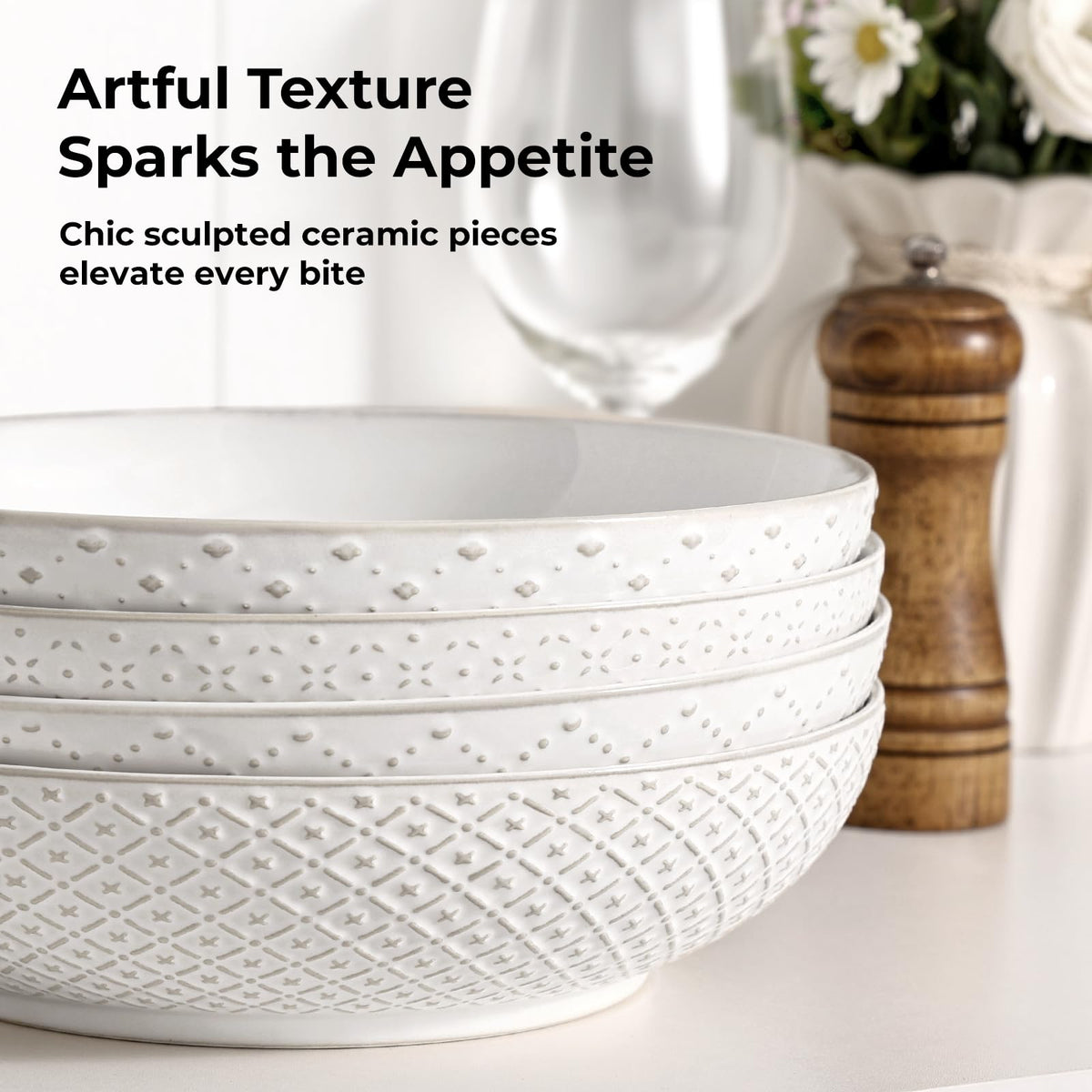 8.5" Ceramic Pasta Bowls Set of 4, 30 oz Soft White J944654
