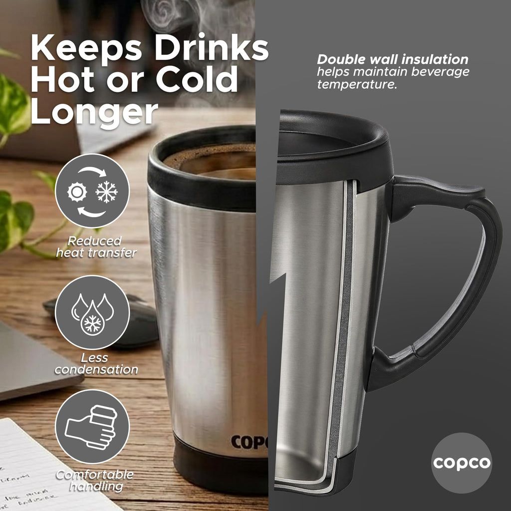 Double Wall Stainless Steel Coffee Mug with Lid 16 Oz Silver D696856