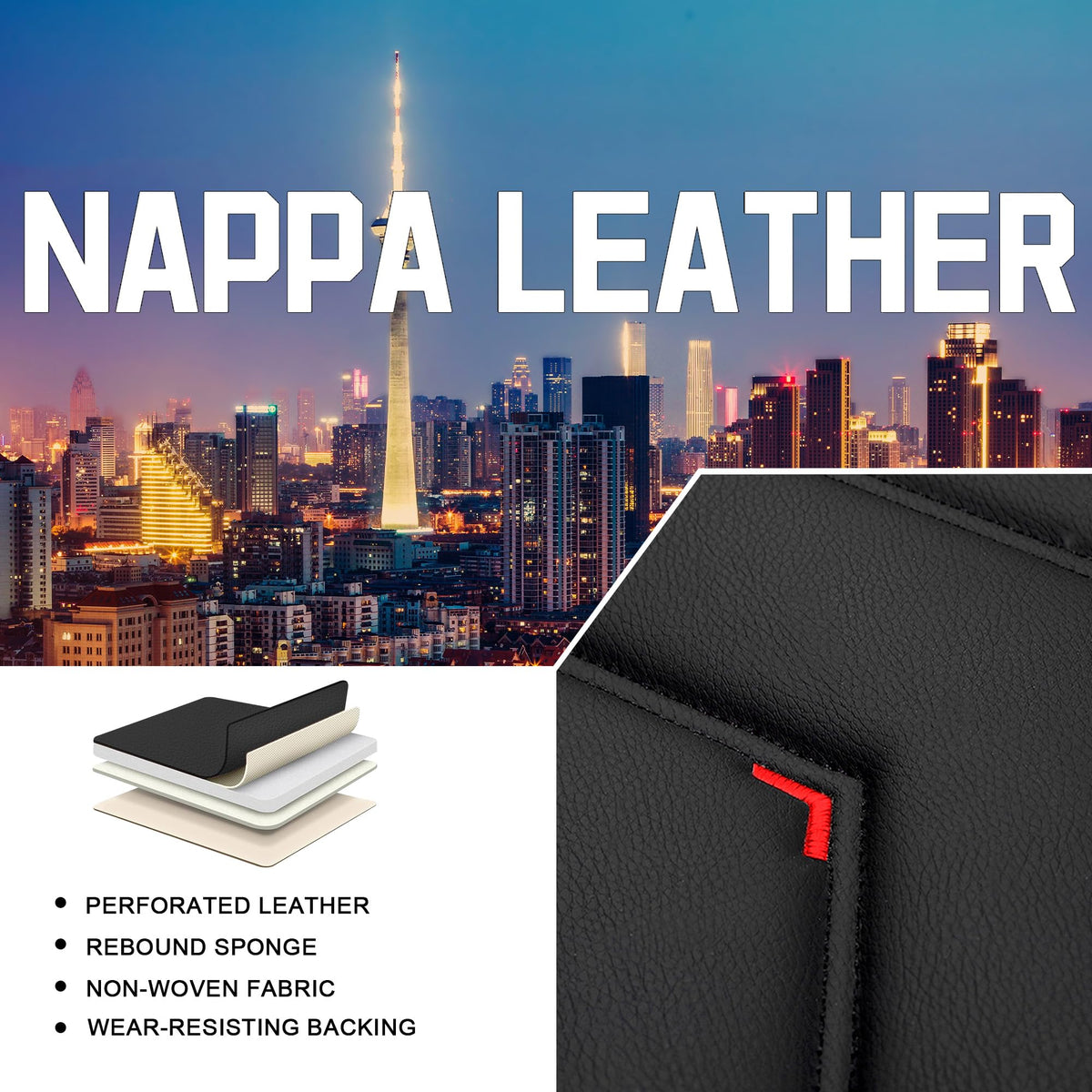 Black Red Nappa Leather Car Seat Covers Set I252