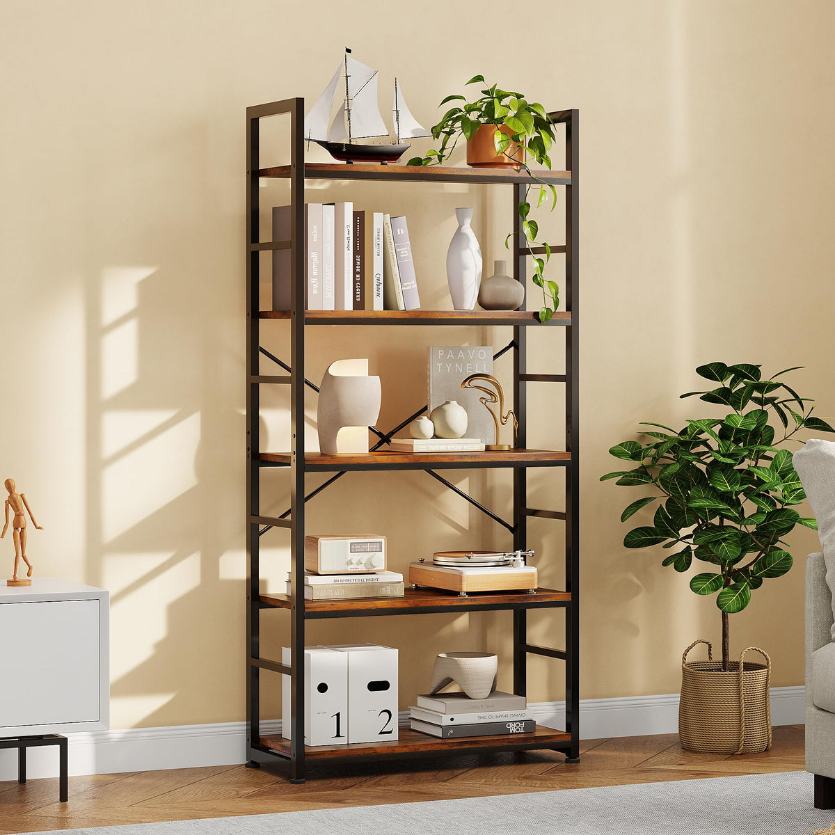 32 Inch 5-Tier Wood Metal Bookshelf O969321