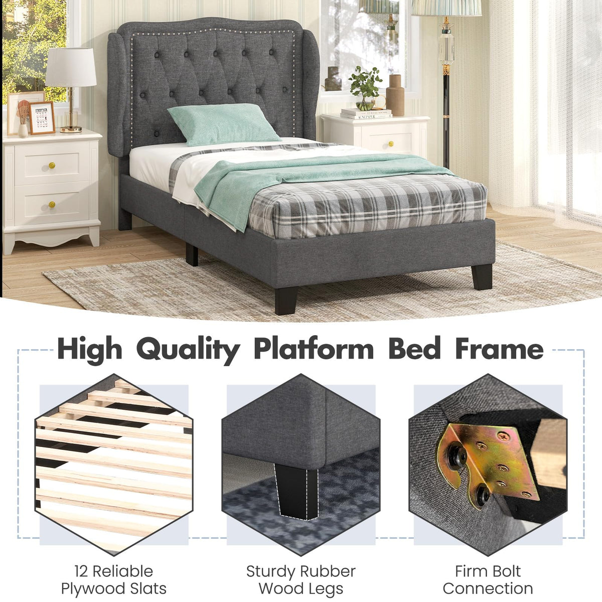 Grey Linen Upholstered Twin Bed Frame with Headboard L556513