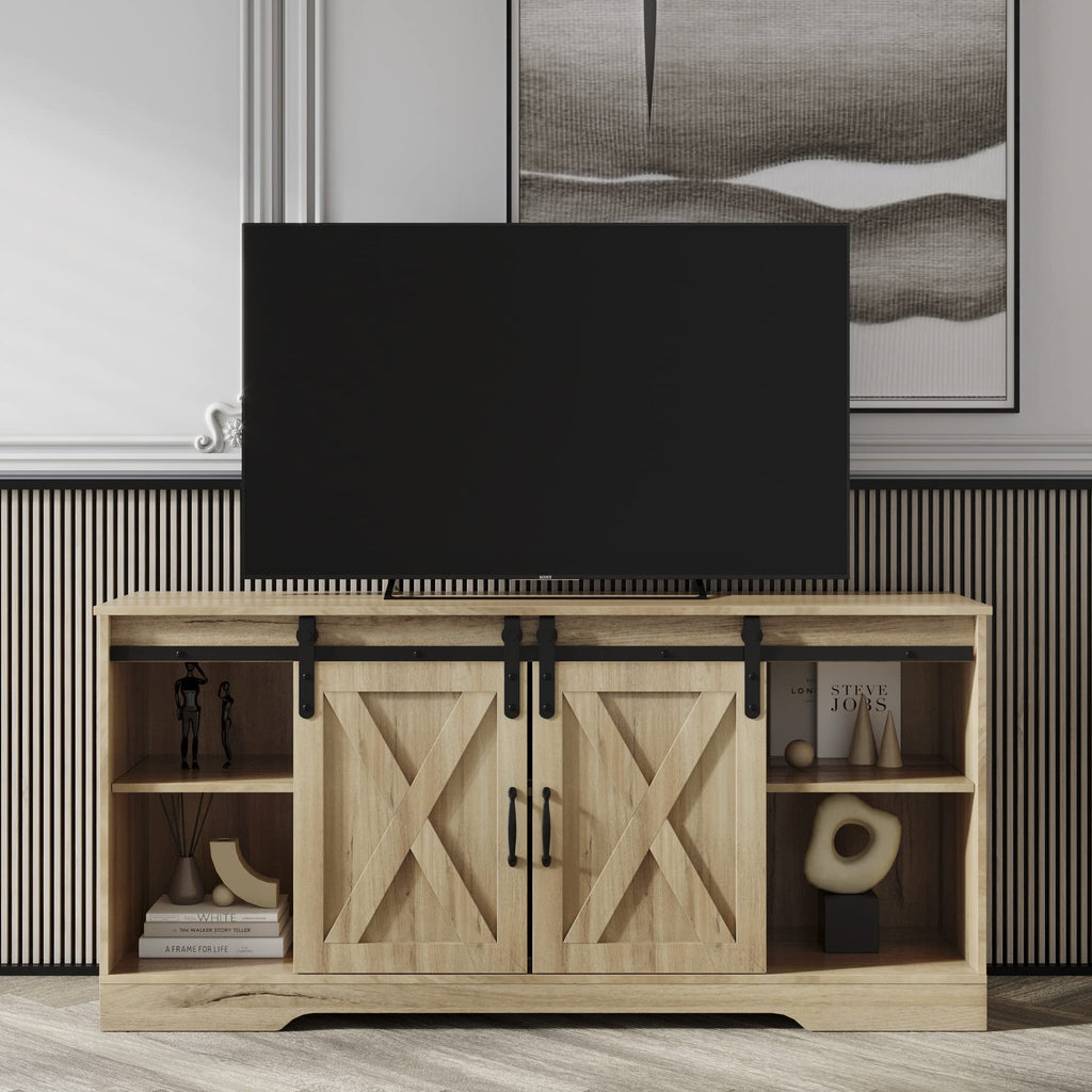 Sliding Barn Door Wood TV Stand with Adjustable Shelves D68330