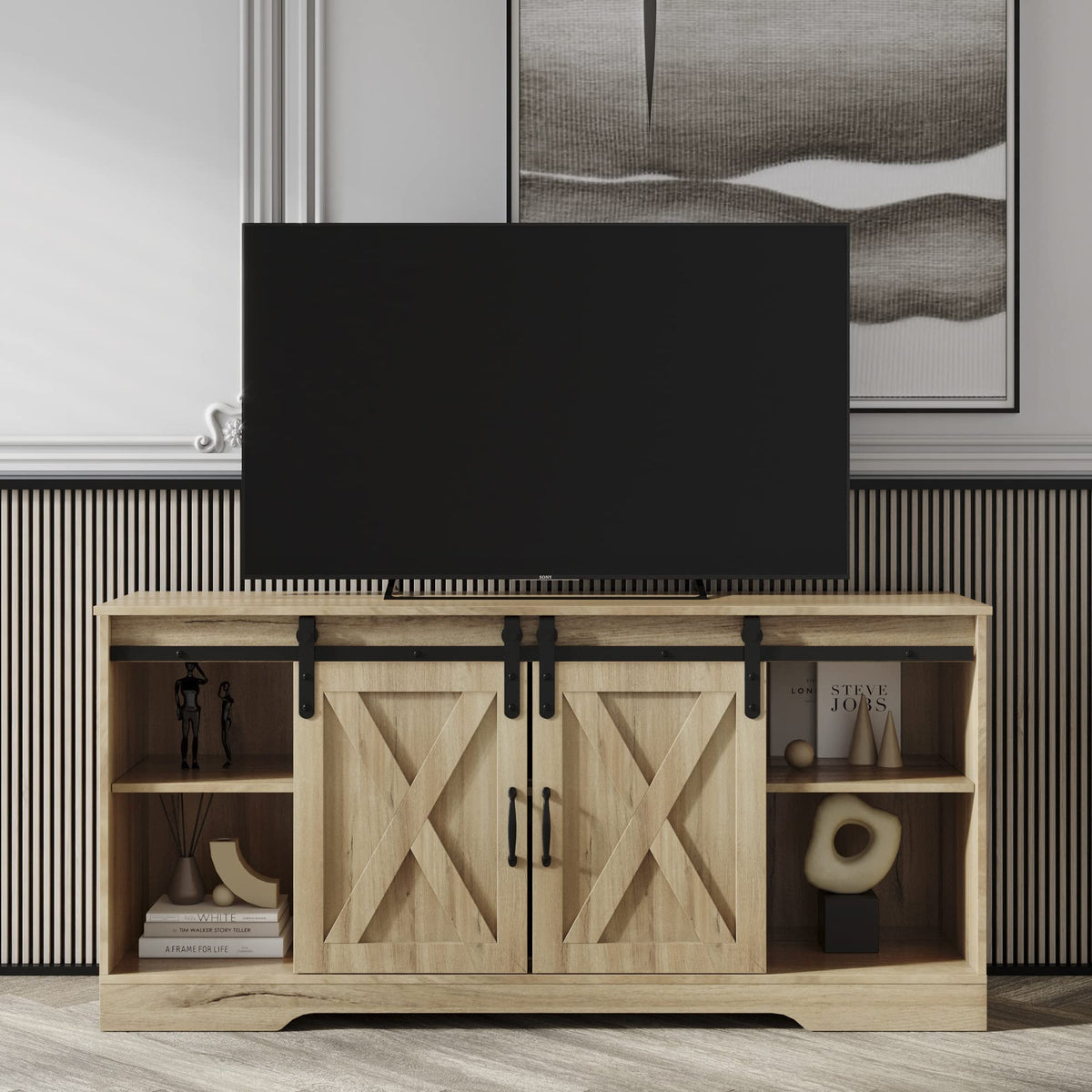 Sliding Barn Door Wood TV Stand with Adjustable Shelves D68330
