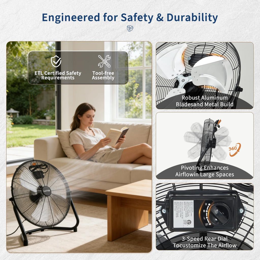 20" High Velocity Floor Fan, 4800 CFM Heavy Duty Industrial Metal Fan with 3 Speeds K5182