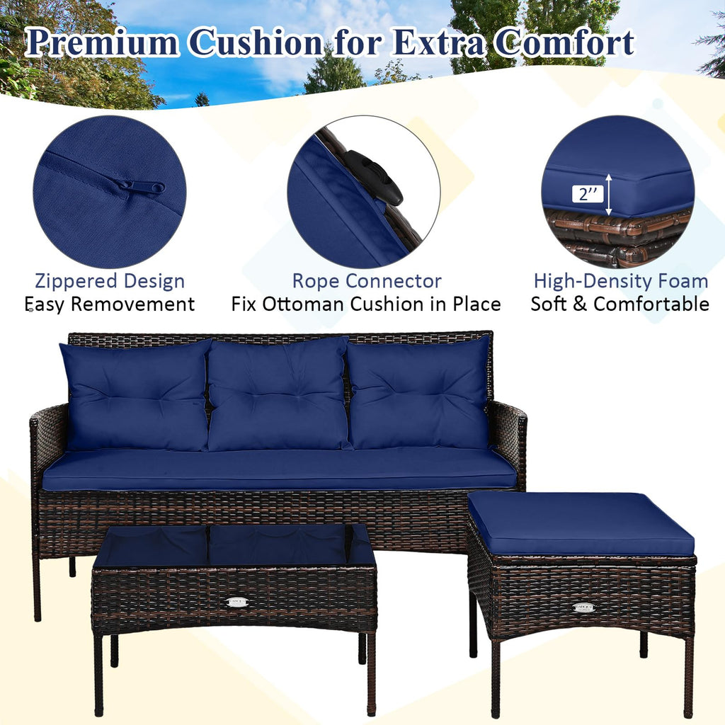 3 Pieces PE Rattan Wicker Patio Conversation Set with Cushions D324
