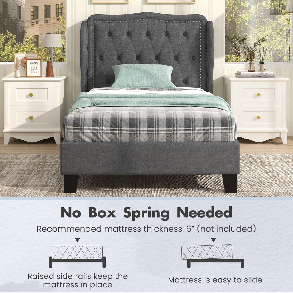 Grey Linen Upholstered Twin Bed Frame with Headboard L556513