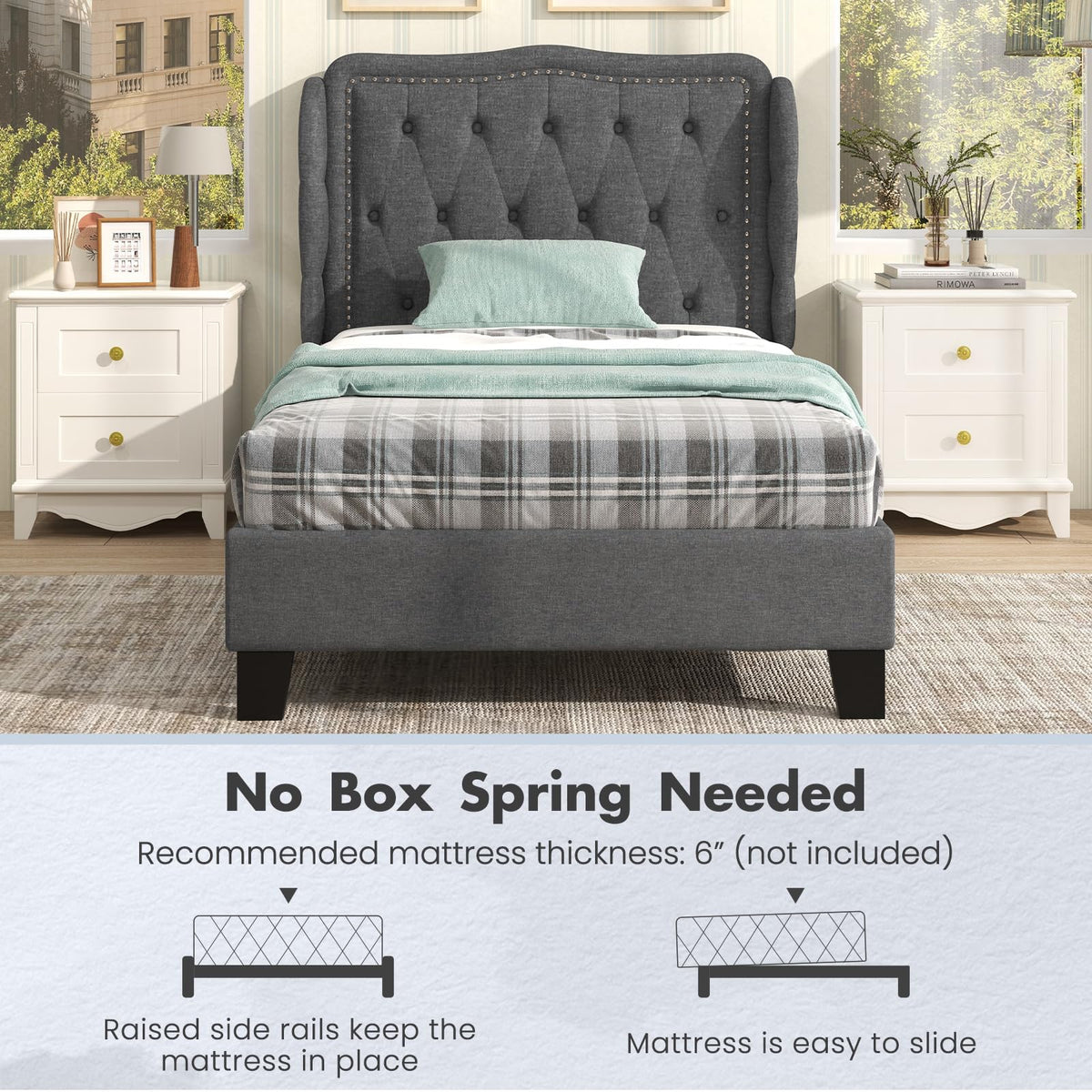 Grey Linen Upholstered Twin Bed Frame with Headboard L556513