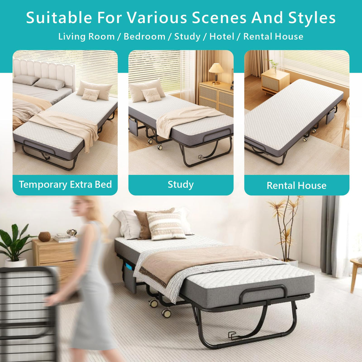 Folding Bed with Mattress, 75" x 31" Portable Rollaway Bed, Metal Frame Guest Bed with Memory Foam Mattress C48625