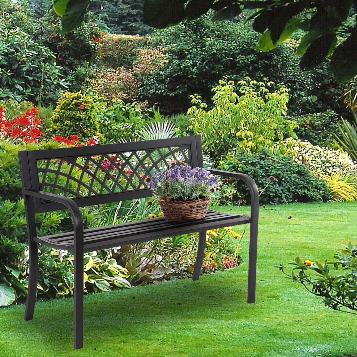 4 Feet Heavy-Duty Metal Patio Bench with Backrest Armrests Q1372